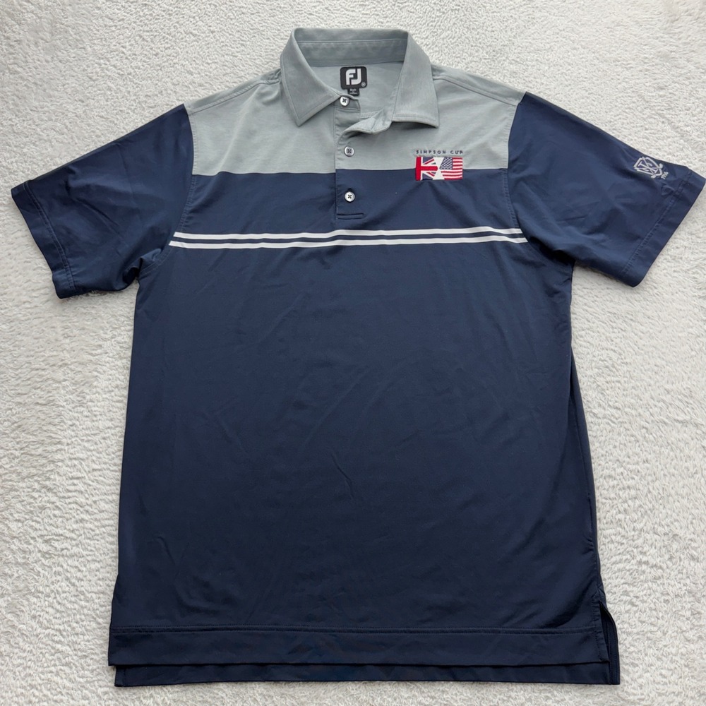 FootJoy Mens Simpson Cup Golf Polo Shirt Navy Gray Striped Size M Stretch